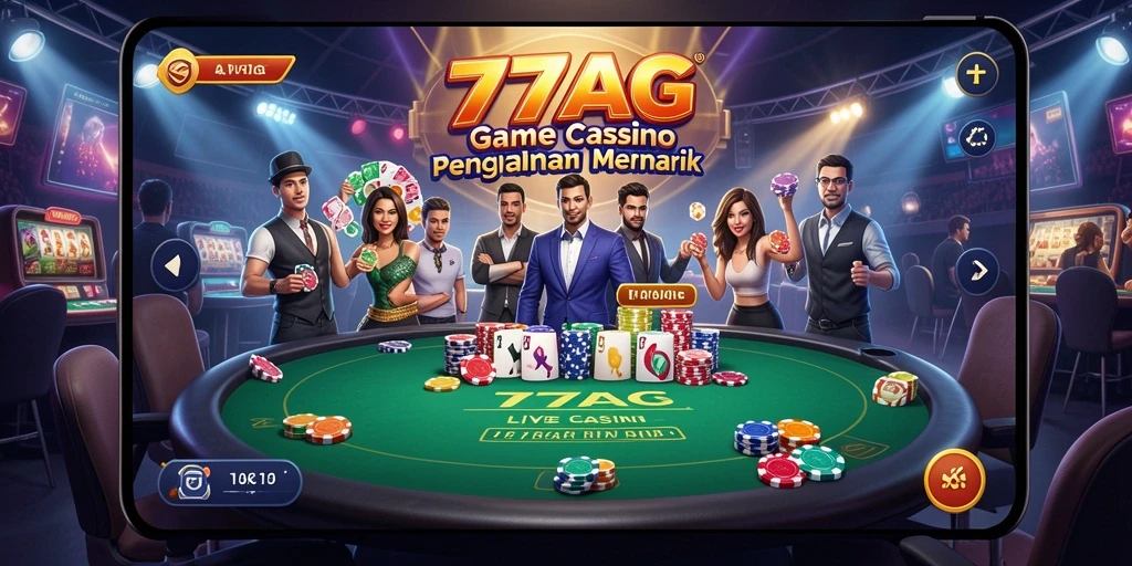 Screenshot gameplay <strong>77AG</strong> menampilkan dealer yang menjelaskan permainan langsung.