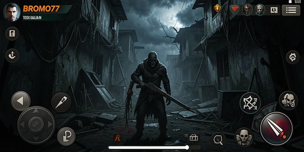 Screenshot gameplay BROMO77 yang menampilkan kengerian dan ketegangan tinggi.