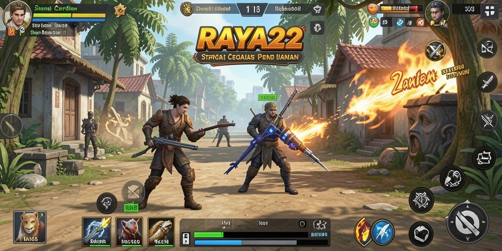 Tangkapan layar utama gameplay RAYA22 yang menunjukkan pertarungan strategi intens.